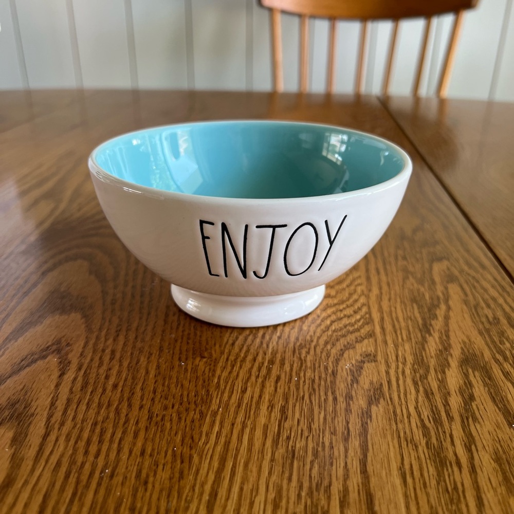 White and Blue Bowl with 'ENJOY' Text